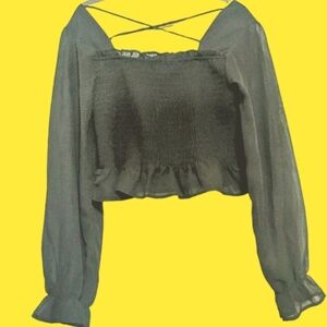 Smocked Sheer Long Sleeve Ruffled Peplum Hem XL Goth Witchy